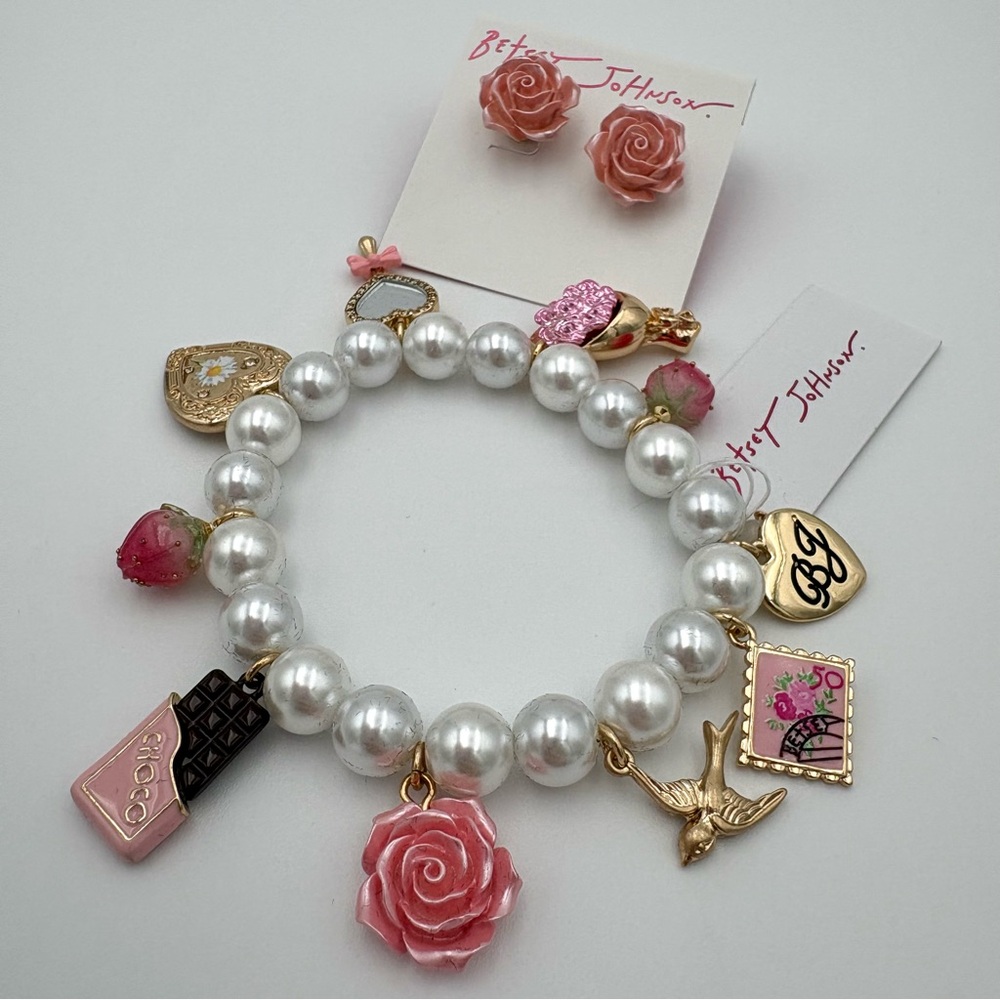 Betsey Johnson Pink Rose Pearl Charm Bracelet + Rose Stud Earrings Set